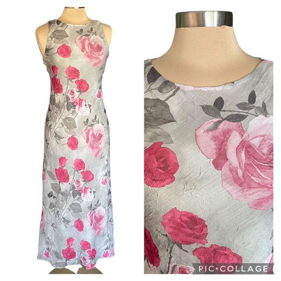 VTG Dressbarn Sage Rose Floral Maxi Dress Crinkle Chiffon Sz 8 Fairy Cottage - Picture 1 of 10